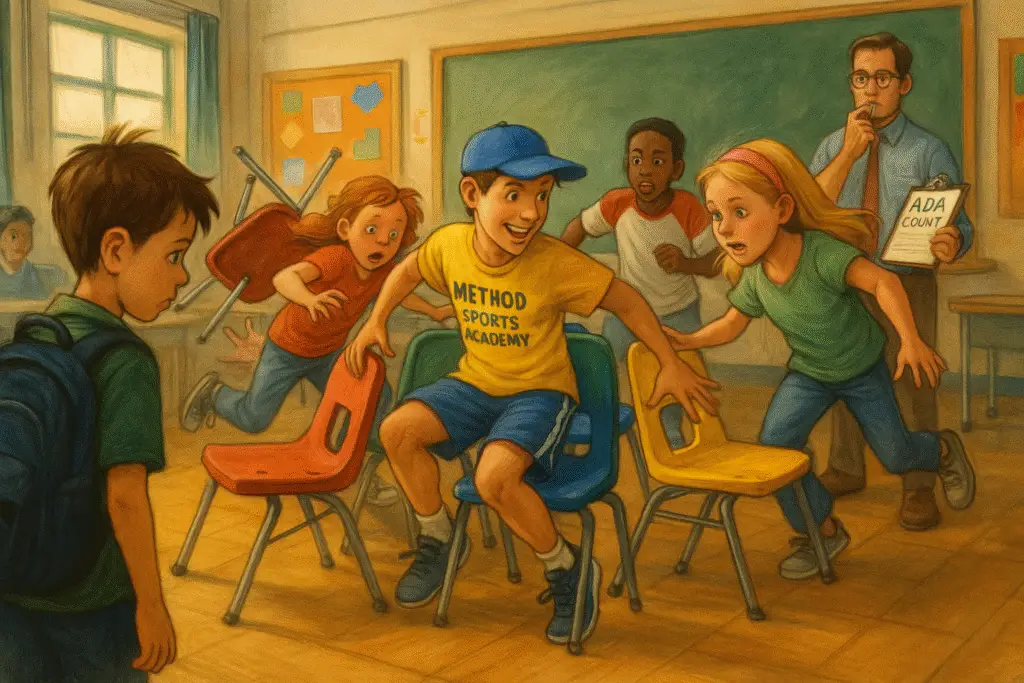 Illustration of children playing musical chairs in a classroom setting, symbolizing unstable school enrollment. One child wears a Method Sports Academy jersey, another carries a backpack labeled 'Flex-Based Learning.' Empty desks and paperwork labeled 'Independent Study Contract' are scattered around. The scene reflects confusion and competition for classroom seats amid Dehesa School District’s shifting student placements.