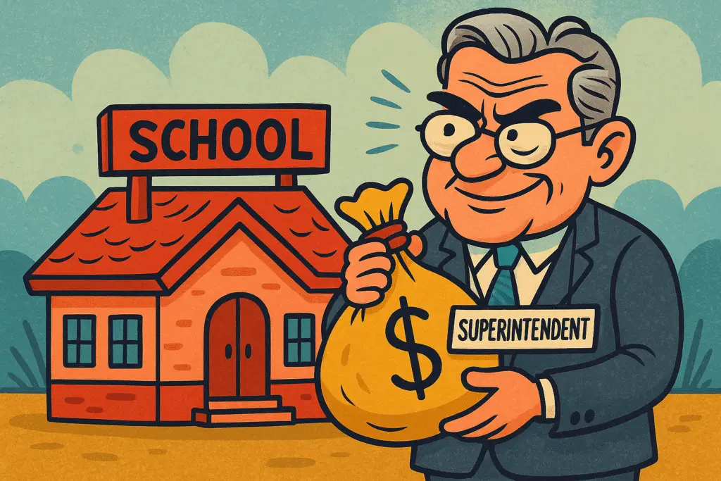 A colorful satirical cartoon illustration of a one-room schoolhouse on a massive pedestal of cash, surrounded by oversized paperwork and red tape, symbolizing bloated administration costs in a tiny school district.