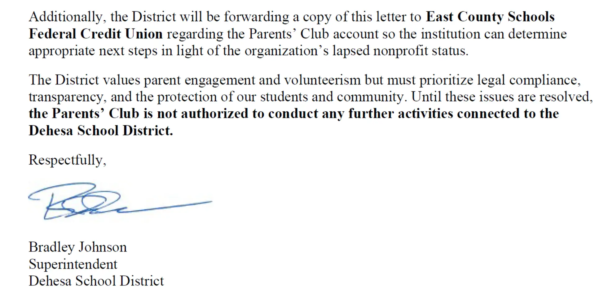 Letter excerpt signed by Superintendent Bradley Johnson stating the district will forward the notice to East County Schools Federal Credit Union and that the Parents’ Club is not authorized to conduct any further activities connected to Dehesa School District.