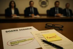 School board agenda highlighting a staff hiring item with a job application labeled “Family?” on a boardroom table.